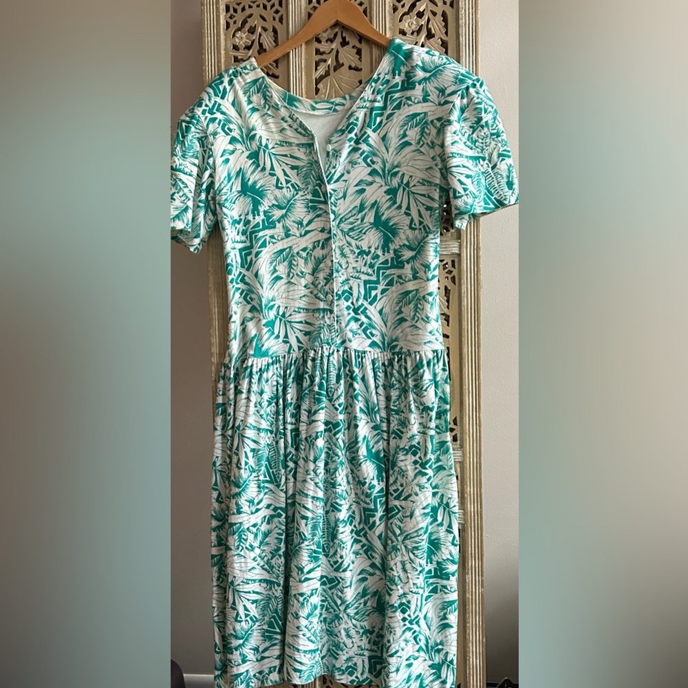 Vintage Maggie Breen Short Sleeve Drop Waist Midi Dress Green White Sz 10 palms